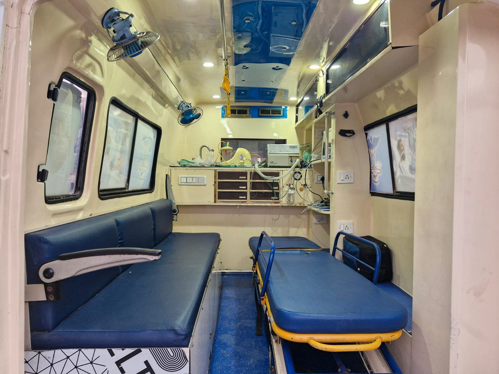 ICU ambulance interior with advanced medical equipment — Waltair Ambulance Services, Visakhapatnam